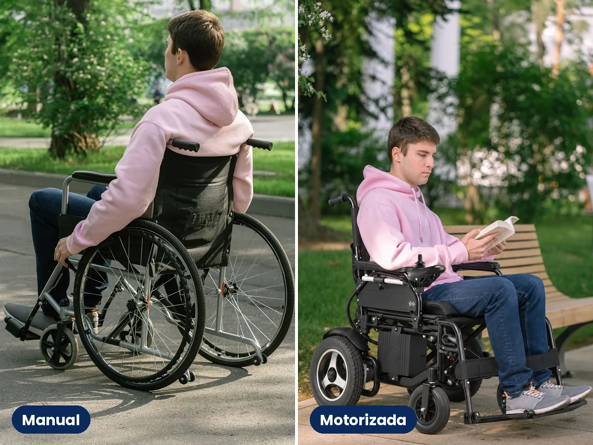 Comparativo lado a lado: jovem em cadeira de rodas manual dobrável no parque e jovem em cadeira de rodas motorizada com joystick lendo na praça — melhores cadeira de rodas manual ou motorizada em Campinas