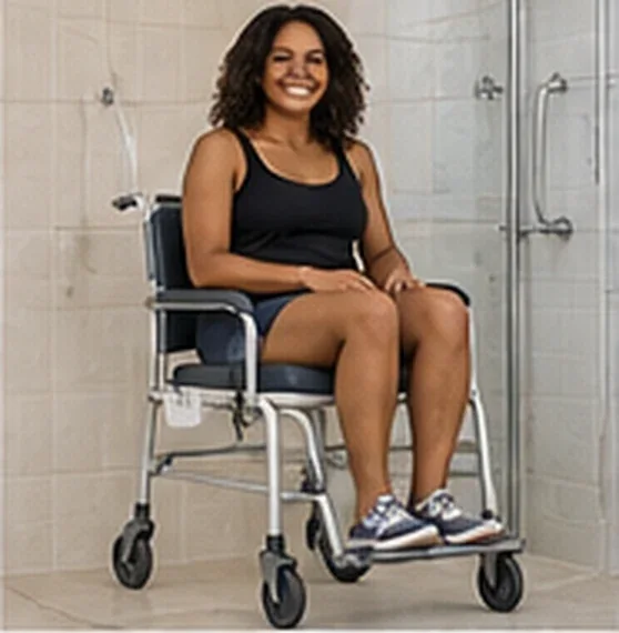 Mulher sentada em cadeira de banho dentro do box do chuveiro — imagem ilustrativa de cadeira de banho em Campinas