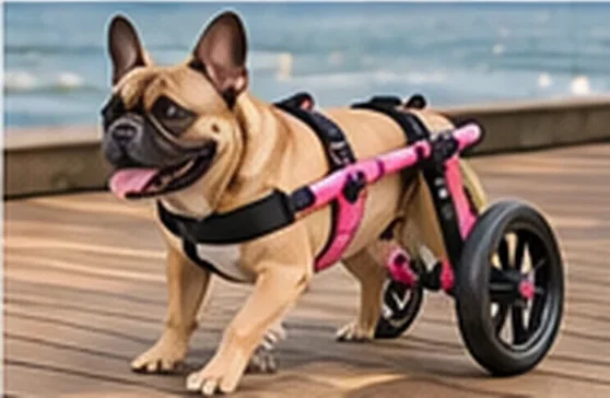Buldogue francês com cadeira de rodas para cachorro em deque — imagem ilustrativa de cadeira de rodas para cachorro em Campinas