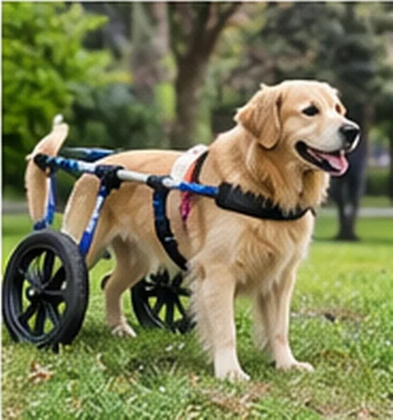 Cachorro golden retriever usando cadeira de rodas para cachorro no gramado — imagem ilustrativa de cadeira de rodas para cachorro em Campinas
