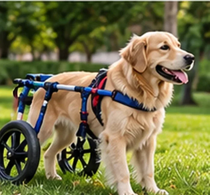 Golden retriever com cadeira de rodas para cachorro no gramado — imagem ilustrativa de cadeira de rodas para cachorro em Campinas