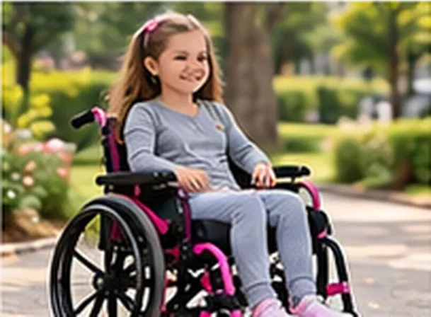 Menina em cadeira de rodas infantil rosa em jardim — imagem ilustrativa de cadeira de rodas infantil em Nova Odessa