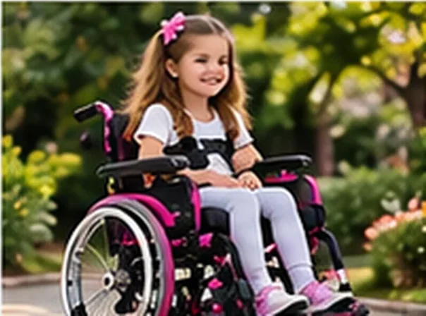 Menina com laço no cabelo em cadeira de rodas infantil rosa, em parque — imagem ilustrativa de cadeira de rodas infantil em Nova Odessa
