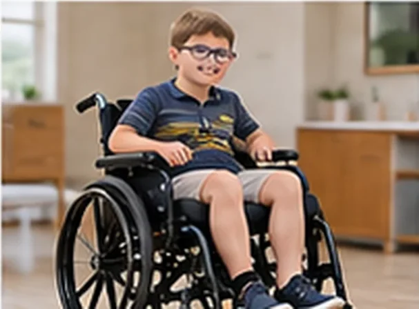 Menino de óculos em cadeira de rodas infantil dentro de casa — imagem ilustrativa de cadeira de rodas infantil em Nova Odessa