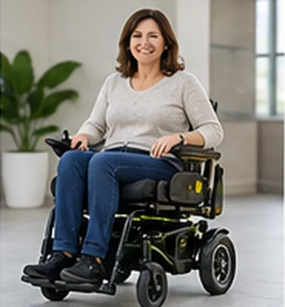 Mulher de suéter claro em cadeira de rodas motorizada dentro de casa — imagem ilustrativa de cadeira de rodas motorizada em Campinas