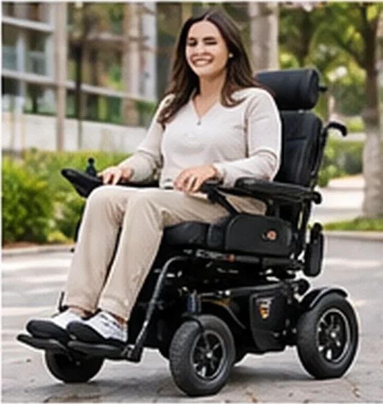 Mulher de suéter claro em cadeira de rodas motorizada em parque — imagem ilustrativa de cadeira de rodas motorizada em Campinas