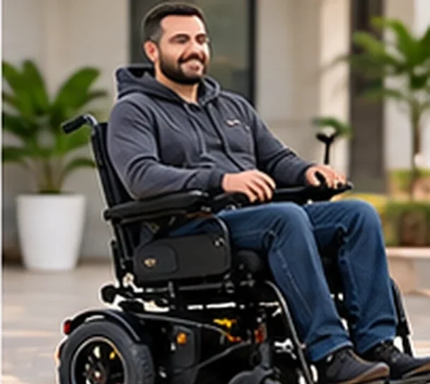 Homem de moletom em cadeira de rodas motorizada em frente de casa — imagem ilustrativa de cadeira de rodas motorizada em Jundiaí