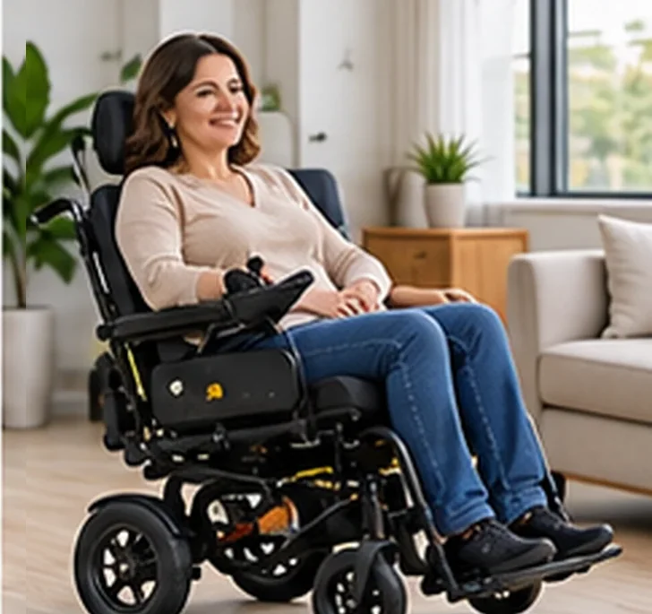 Mulher em cadeira de rodas motorizada compacta na sala de casa — imagem ilustrativa de cadeira de rodas motorizada em Jundiaí