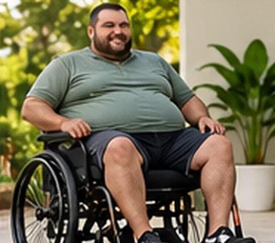 Homem de porte grande em cadeira de rodas manual perto de plantas — imagem ilustrativa de cadeira de rodas para obeso em Santa Bárbara d'Oeste