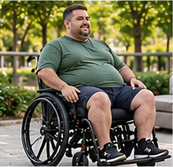 Homem de porte grande e camiseta verde em cadeira de rodas manual — imagem ilustrativa de cadeira de rodas para obeso em Santa Bárbara d'Oeste