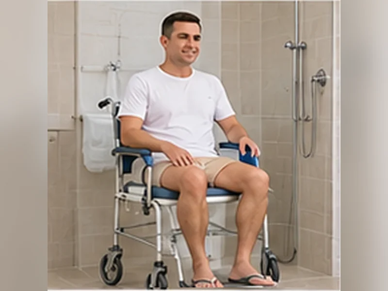 Imagem ilustrativa de homem sentado em cadeira de banho no box do chuveiro para representar Cadeira de banho Banho Max 120 kg