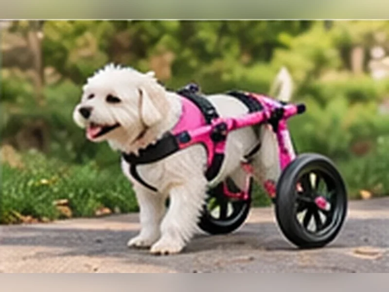 Imagem ilustrativa de cachorro pequeno branco com cadeira de rodas para cachorro rosa para representar Cadeira de 2 rodas para cães porte P (regulável)