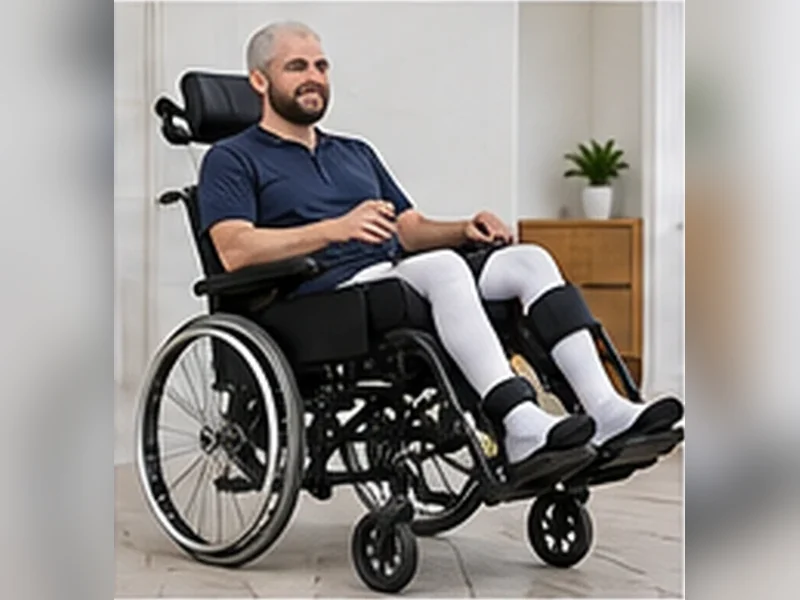 Imagem ilustrativa de homem com órteses nas pernas em cadeira de rodas com apoios de perna elevados para representar CDS 301 com apoio de panturrilha