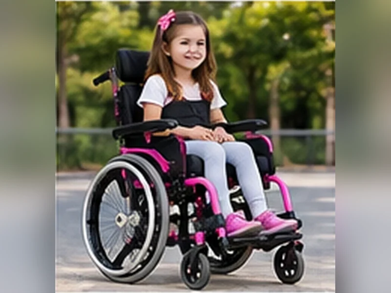 Imagem ilustrativa de menina em cadeira de rodas infantil com quadro rosa, em parque para representar Solzinho Alumínio (infantil, com módulo)