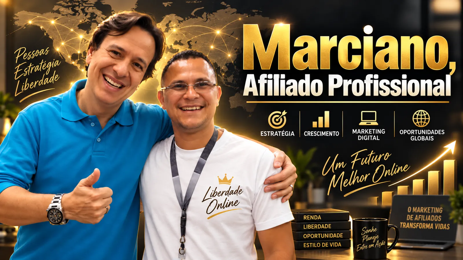 Marciano de Lima, afiliado profissional, abraçado a um amigo, os dois sorrindo e fazendo sinal de positivo