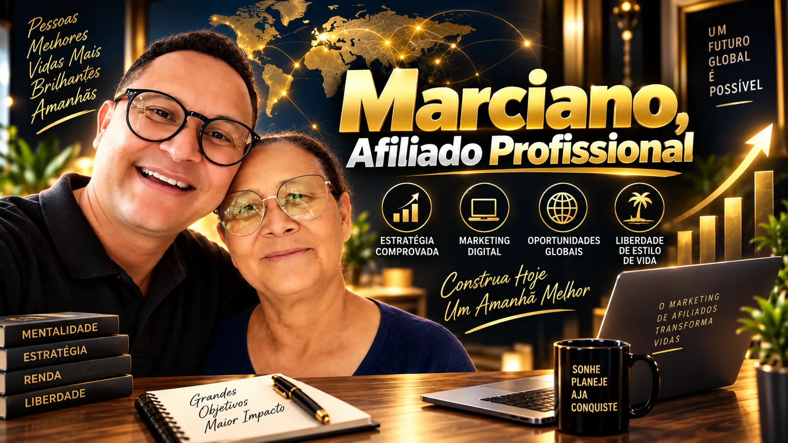 Marciano de Lima, afiliado profissional, em selfie sorridente com a mãe, em escritório com notebook e caderno de anotações