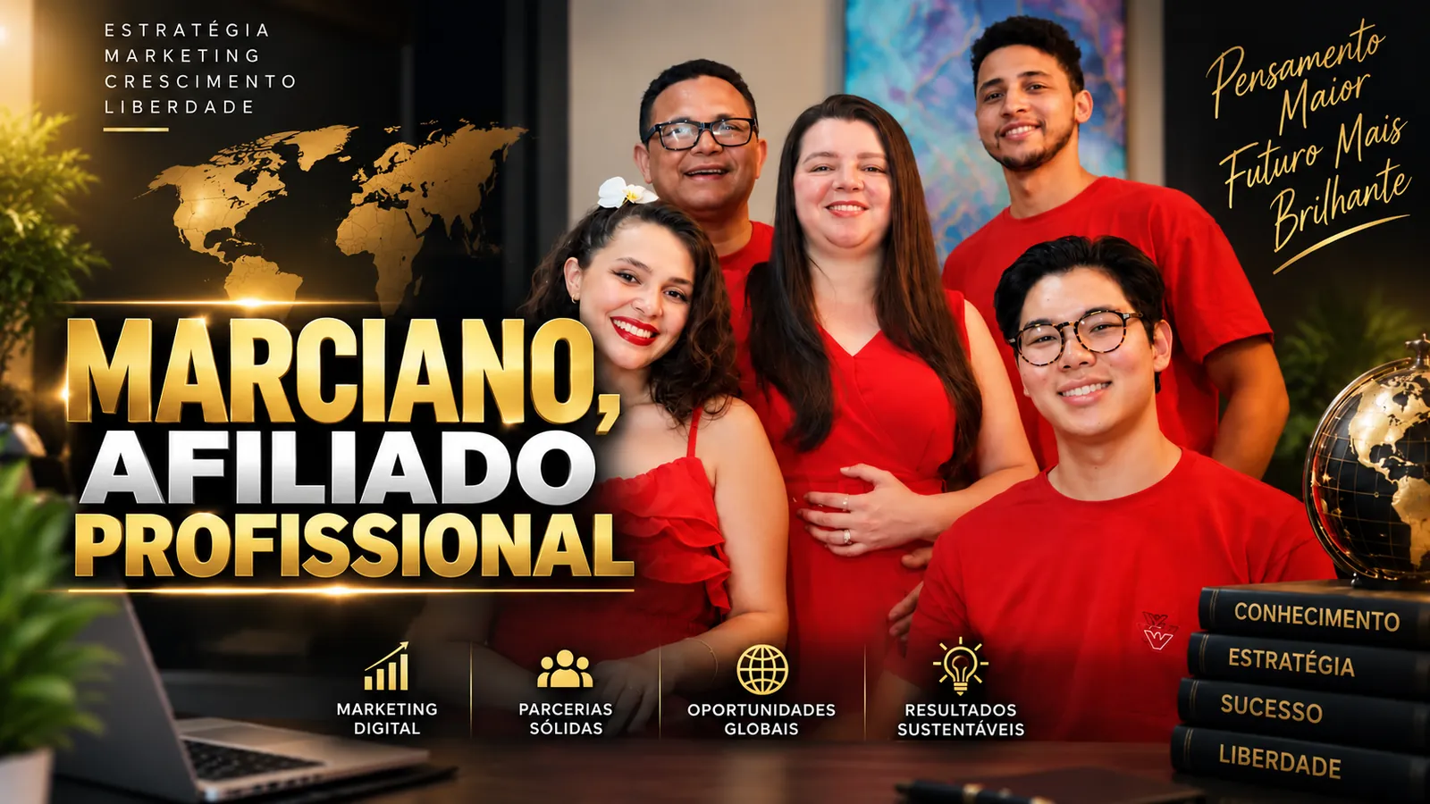 Marciano de Lima, afiliado profissional, com familiares vestidos de vermelho, em foto de grupo sorridente